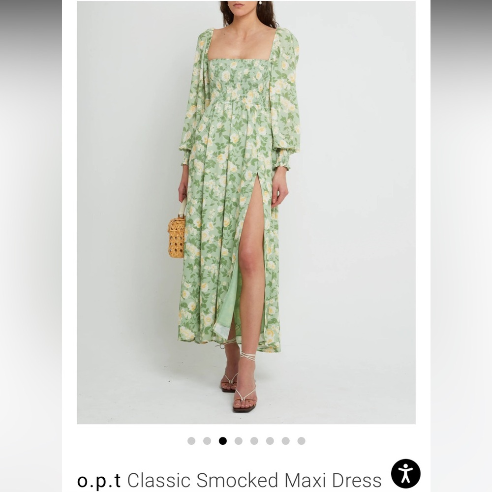 O.P.T. Classic Smocked Maxi Midi Dress Sage Floral Yellow Green SMALL - NEW